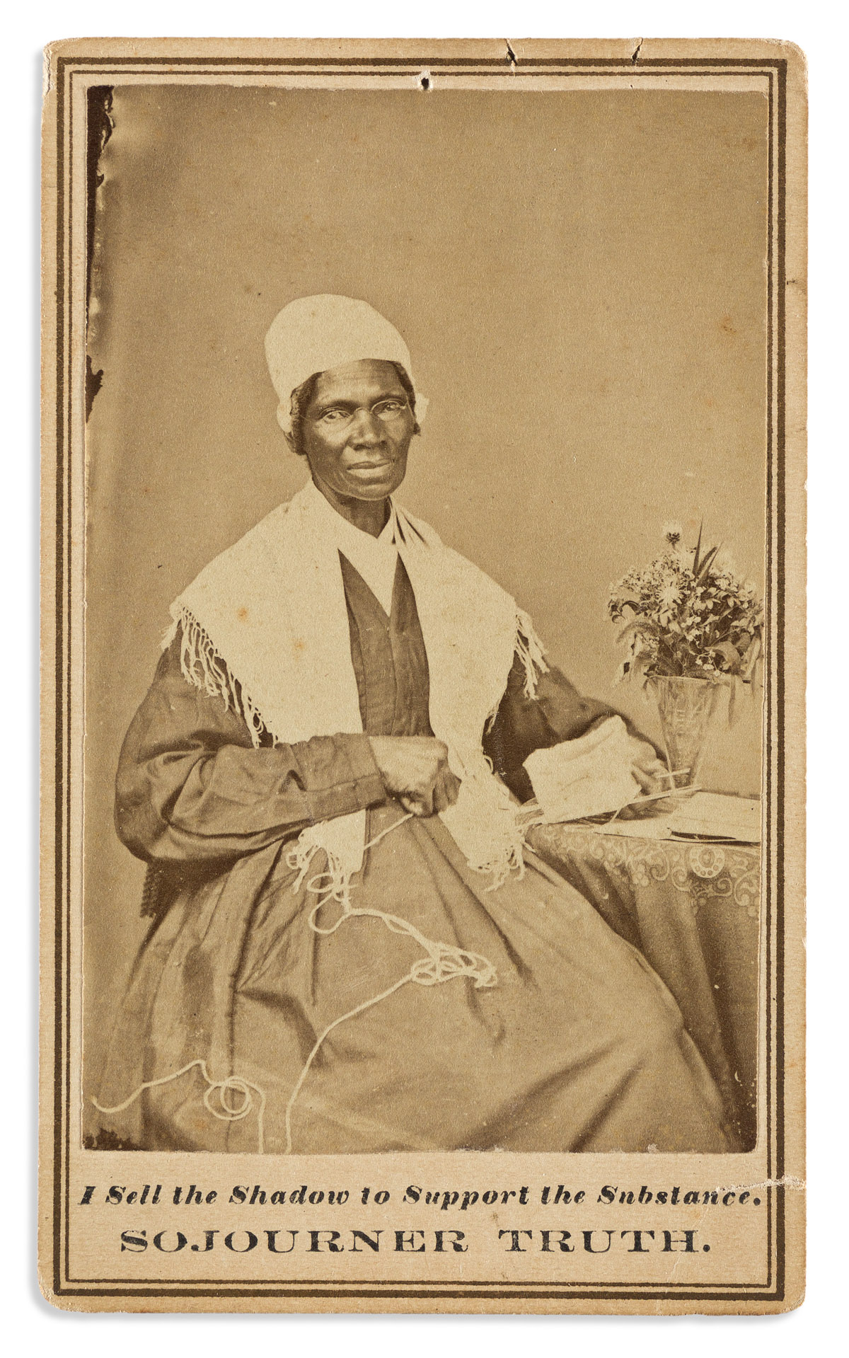 (SLAVERY & ABOLITION.) Carte-de-visite portrait of Sojourner Truth: I Sell the Shadow to Support the Substance.